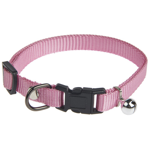 PRODUCTO ALCAMPO Collar de 1 cm. extensible (20 - 40 cm) rosa con campana y hebilla de plástico.