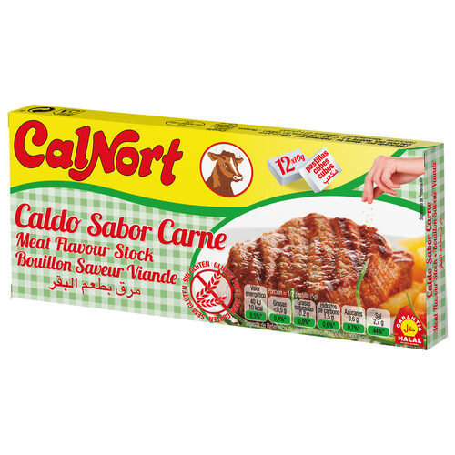 CALNORT Pastillas de caldo con sabor a carne, garantia Halal y elaboradas sin gluten 12 uds. 10 g.