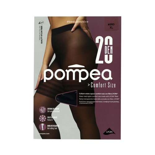 Panty transparente mate cómodo con fibra de Lycra, 20den, POMPEA, color negro, talla 3XL.