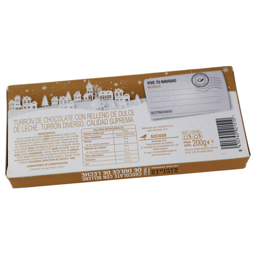 PRODUCTO ALCAMPO Turrón de chocolate relleno de dulce de leche 200 g.