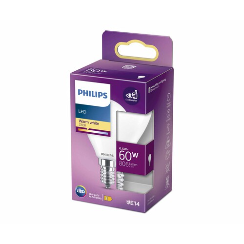 Bombilla Led E14, 6,5W=60W, luz cálida 2700K, 806lm, PHILIPS.