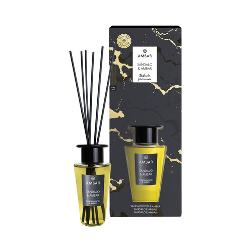 AMBAR Ambientador perfumador de varillas (Mikado premium), con aroma a sándalo y ámbar 85 ml.
