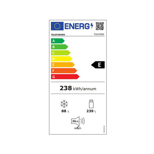 Frigorífico combi 201cm TELEFUNKEN TLKC26W, NO FROST, clasificación energética: E, H: 201cm, A: 59,5cm, F: 60cm, capacidad total: 327L.