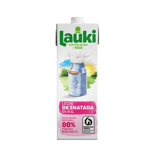 LAUKI Leche desnatada (0% materia grasa) de vaca de origen 100% español 1 l.