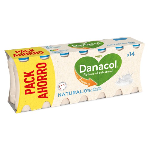 DANACOL Leche fermentada desnatada con edulcorantes,esteroles vegetales añadidos y sabor natural de Danone 14 x 100 g.