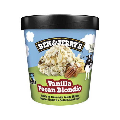 BEN & JERRY'S Tarrina de helado crema de vainilla con salsa de caramelo salado, brownie y nuces de Pecán caramelizadas 465 ml.