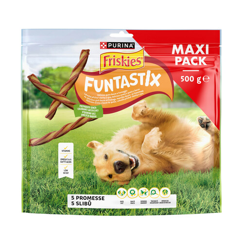 PURINA Friskies funtastix Snaks para perro con sabor a bacon y queso 500 g.