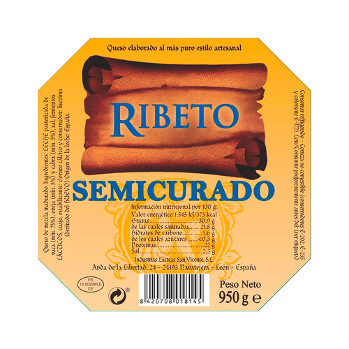 RIBETO Queso semicurado 950 g.