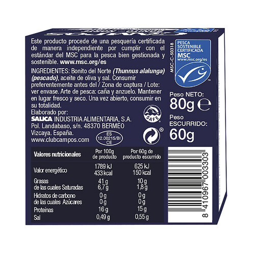 CAMPOS Bonito del Norte en aceite de oliva MSC (Pesca sostenible certificada) 60 g.