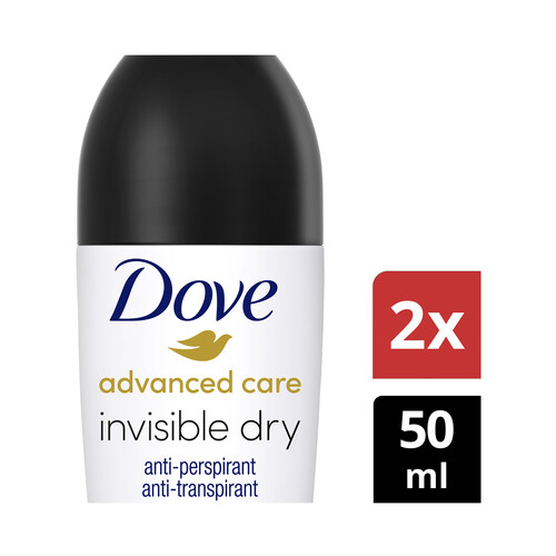 DOVE Desodorante roll on para mujer que no deja manchas en nuestra ropa DOVE Advanced care invisible dry 2 x 50 ml.