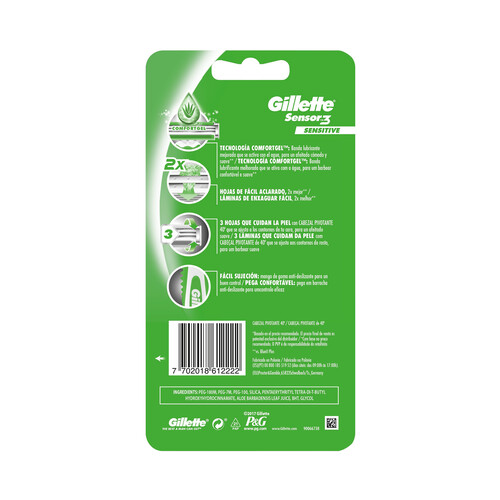 GILLETTE Sensor 3 sensitive Maquinilla de afeitar desechable con cabezal pivotante de 3 horas 8 uds.