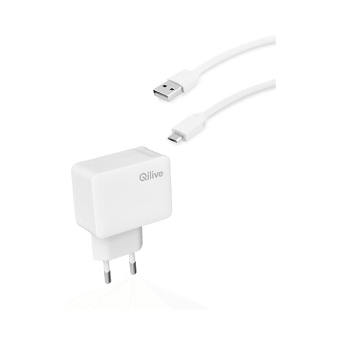 Adaptador USB + cable MicroUSB QILIVE, 2A, longitud 1,2m.