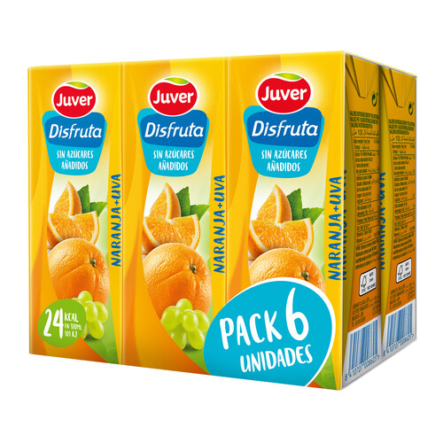 JUVER Disfruta Pack de zumos de naranja y uva, sin azúcar añadido 6 uds 200 ml.