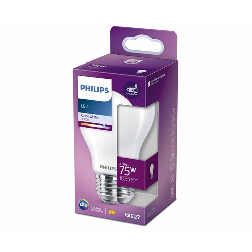 Bombilla Led E27, 8,5W=75W, luz neutra 4000K, 1055lm, PHILIPS.