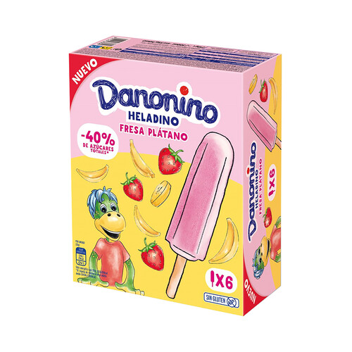 DANONINO Heladino polos de leche con queso y sabor a fresa y plátano 6 x 50 ml.