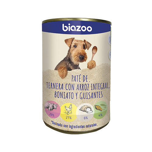 BIAZOO Alimentación para perro en lata con sabor a paté de ternera con arroz integral boniato y guisantes 395 g