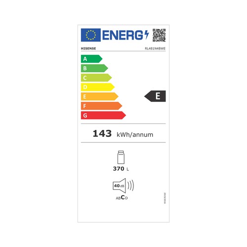 Frigorífico 1 puerta 185cm HISENSE RL481N4BWE, No Frost, clasificación energética: E, H: 185,5cm, A: 59,5cm, F: 65,1cm, capacidad total: 370L.