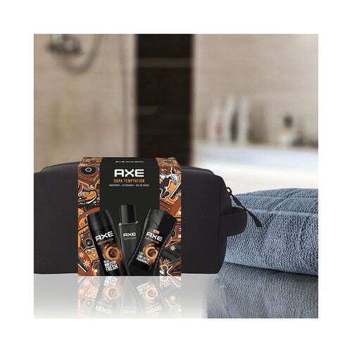 AXE Dark tempration Neceser con cierre de cremallera con productos para la higiene masculina.