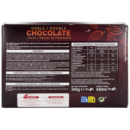 AUCHAN Bombon helado de chocolate con salsa de chocolate, recubierto de chocolate doble 4 x 100 ml. Producto Alcampo