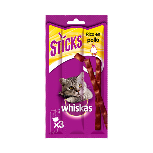 WHISKAS Snacks para gatos adultos a base de pollo en sticks WHISKAS 3 uds.18 g.