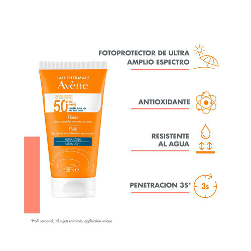 THERMALE AVÉNE Fluido solar facial con FPS 50+ (muy alta), para pieles normales, mixtas y sensibles 50 ml.