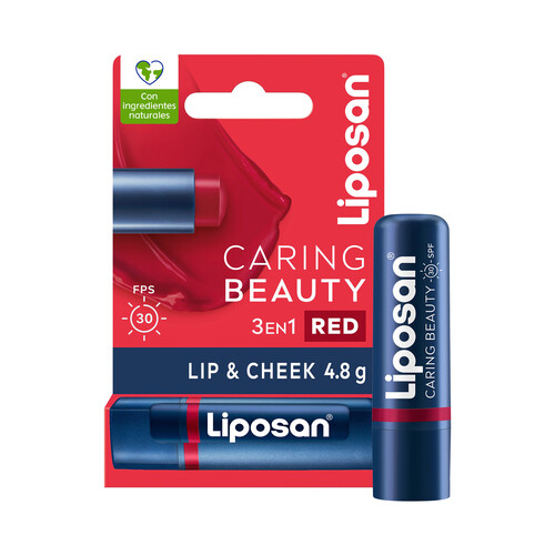 LIPOSAN Carin beauty 3 en 1 Bálsamo protector de labos y mejillas color intenso (rojo) y FPS 30.