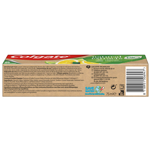 COLGATE Natural extracts bio Pasta de dientes con extracto de limón y cítricos para el cuidado de las encías 75 ml.