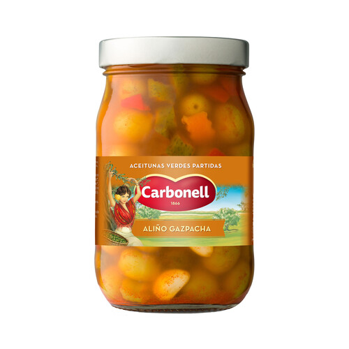 CARBONELL Aceitunas con aliño gazpacha CARBONELL 450 g.