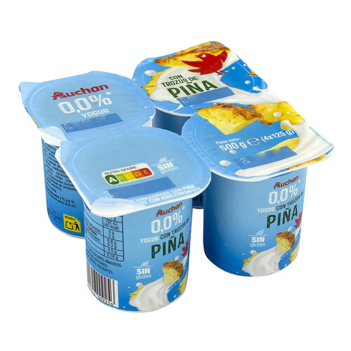 AUCHAN Yogur desnatado (0% materia grasa) con trocitos de piña 4 x 125 g. Producto Alcampo