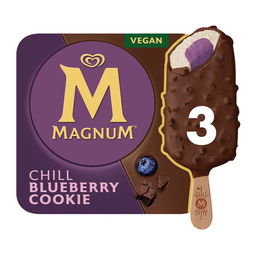 MAGNUM Chill Bombón helado vegetal de vainilla y sorbete de arádanos, recubierto de chocolate 3 x 90 ml.