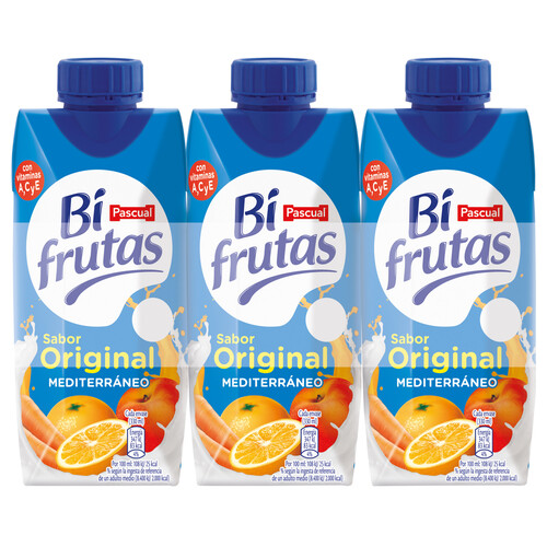 BIFRUTAS Leche con zumo de frutas mediterráneas y 0% materia grasa BIFRUTAS de Pascual 3 x 330 ml.