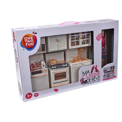 Muñeca con cocina blanca y 30 accesorios incluidos, ONE TWO FUN ALCAMPO.