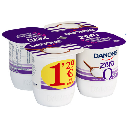 DANONE Zero 0% Yogur natural desnatado sin azúcares añadidos y sin conservantes 4 x 120 g.