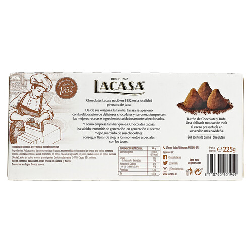 Turrón de chocolate y trufa LACASA 225 g.