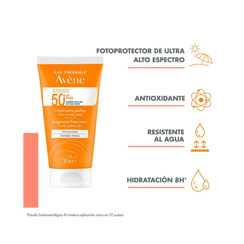 THERMALE AVÉNE Protector solar en crema, sin perfume, para pieles secas y sensibles y con FPS 50+ (muy alto) 50 ml. 