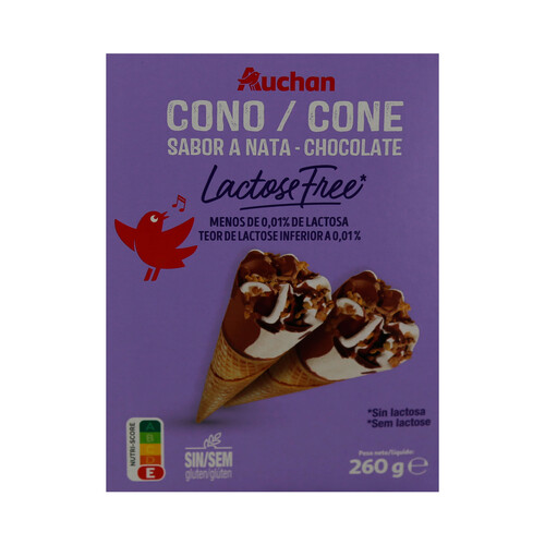 AUCHAN Conos de helado de nata y chocolate, sin gluten y sin lactosa 4 x 120 ml. Producto Alcampo