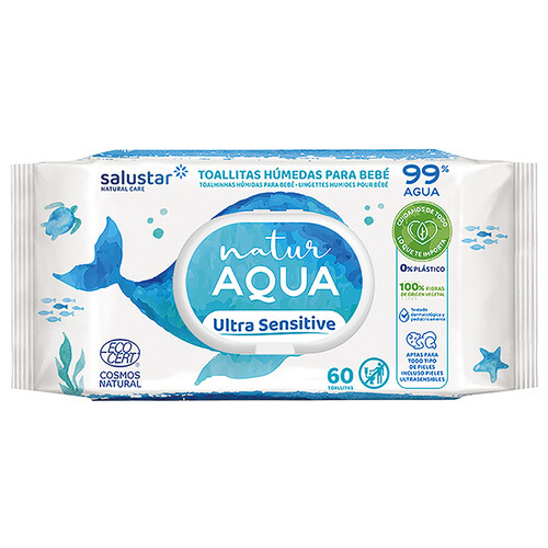 SALUSTAR Natur aqua Toallitas húmedas para bebé, aptas para pieles sensibles 60 uds.