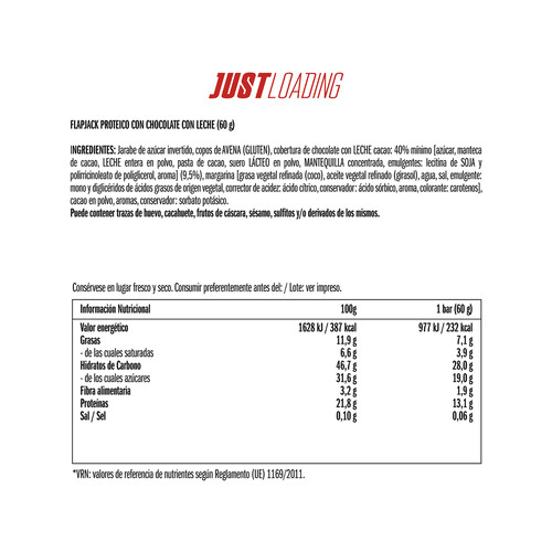 JUST PROTEIN Barrita proteica de avena y chocolate con leche, 22 % Proyein Flapjack JUST PROETEIN 60 g.