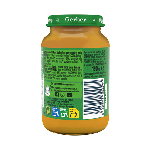 GERBER Organic Tarrito de boniato y tomate con pollo ecológico, a partir de 8 meses 190 g.