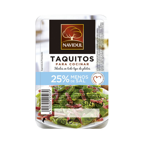 Jammón y paleta curados, reducidos en sal y cortado en taquitos NAVIDUL 60 g.