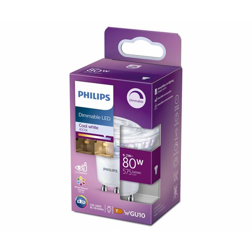 Bombilla Led GU10, 6,2W=80W, luz neutra 4000K, 575lm, PHILIPS