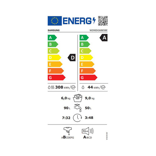 Lavadora secadora SAMSUNG WD90DG6B85BEU3, capacidad lavado/secado: 9KG/6KG, clasificación energética: A-D, 1400RPM, H: 85cm,A: 60cm,F: 60cm.