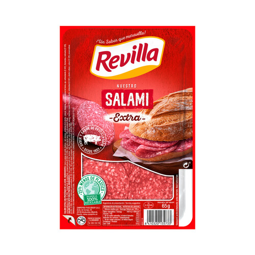 REVILLA Salami de categoria extra cortado en lonchas y elaborado sin gluten REVILLA 65 g.