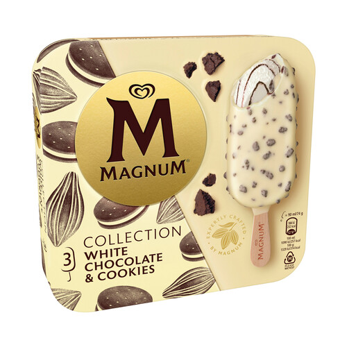 MAGNUM Bombón helado de chocolate blanco con trocitos de cookies colletcion 3 x 90 ml.