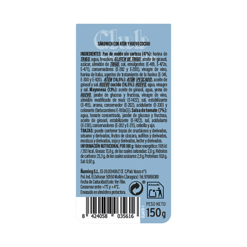 ÑAMING Sandwich de pan tierno sin corteza rellenos de atún, huevo, mayonesa y toamte ÑAMING Club selección 150 g.