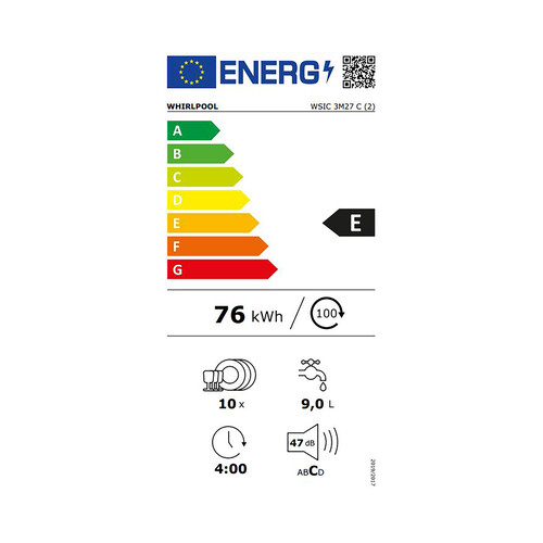 Lavavajillas WHIRLPOOL WSIC 3M27C 10 servicios, clasificación energética E, H: 82cm, A: 44,8cm, F: 55,5cm.