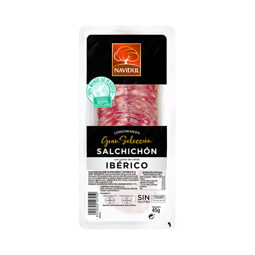 NAVIDUL Salchichón con carne de cerdo ibérico, sin gluten y cortado en lonchas NAVIDUL Gran selección 45 g.