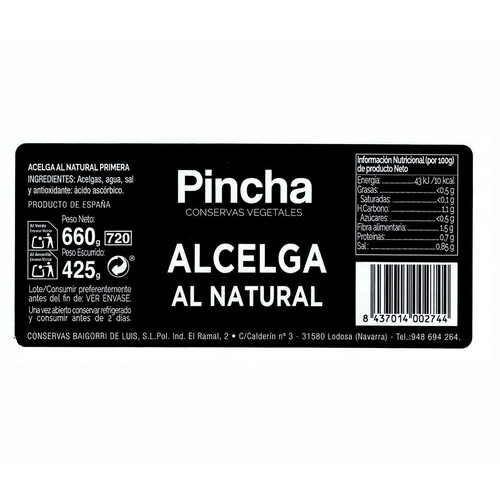 PINCHA Acelgas al natural 425 g.