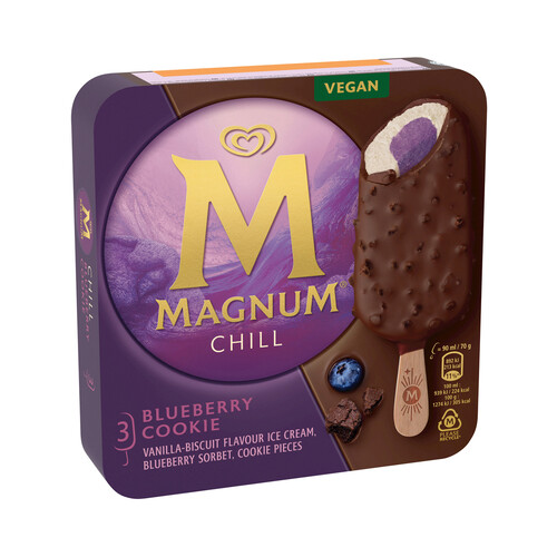 MAGNUM Chill Bombón helado vegetal de vainilla y sorbete de arádanos, recubierto de chocolate 3 x 90 ml.