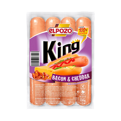 EL POZO King Salchichas cocidas, con bacon y queso cheddar, sabor ahumado 330 g.